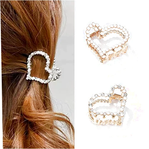 Runmi Pearl Hair Claw Clips Gold Hair Clips Heart Hair Barrette Claw Crystal Hair Claws Metal Hair Accessories for Women and Girls