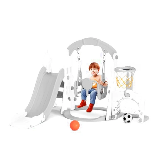 67i 5 in 1 Toddler Playground, Indoor Playground for Kids 1-3, Toddler Slide and Swing Set with Football Goal, Basketball Hoop and Climber (Grey White)