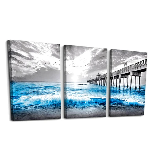 DZRWUBHS Wall Decorations For Living Room 3 Piece Framed Canvas Wall Art For Bedroom Office Wall Decor Black And White Wall Paintings Blue Ocean Sea Wave Pictures Artwork For Modern Posters Prints Home Decor