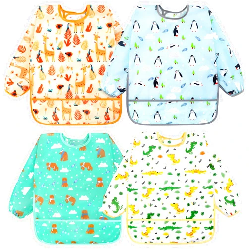Accmor 4 Pack Long Sleeve Baby Bibs, Waterproof Sleeved Bib Smock for Baby Toddler 6-36 Months