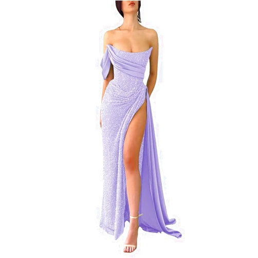 Lorencia Womens Long Glitter Strapless Split Prom Dress Empire Waist Pleats Satin Formal Dress with Train LN012