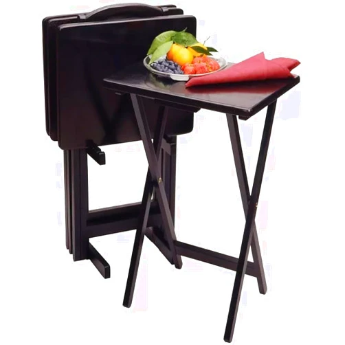 ORAVO 5pc Snack Table Set Black TV Tray Set Wood Classic TV Dinner Rectangular Folding Tray Table