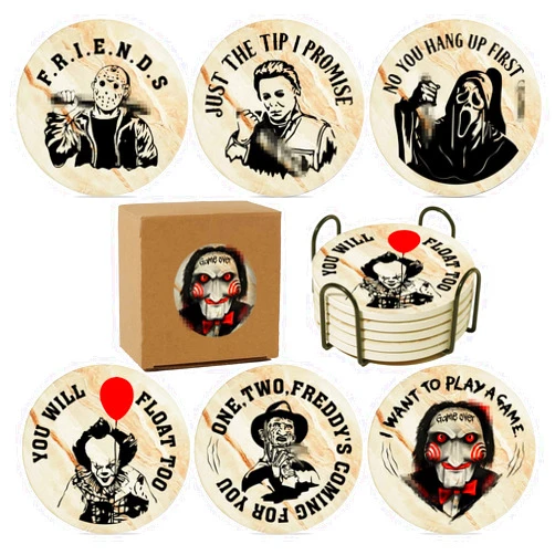 BOZICRE Horror Movie Coasters for Drinks,6PCS Spooky Coasters Set with Coaster Holder,Stone&Cork Coasters for Coffee Table,Scary Killer Coasters for Home Decor,Merchandise Show Gifts