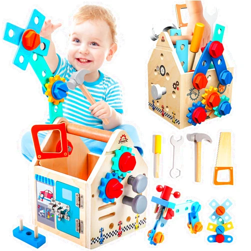 GAIETYDIY Toddler Tool Set - 33 PCS Wooden Kids Tools with Box / Bench / Tool House, Montessori Educational Pretend Play Preschool Toys Gifts for 2 3 4 5 Year Old Boy Girl Kids, STEM Fine Motor Skills Tool Set