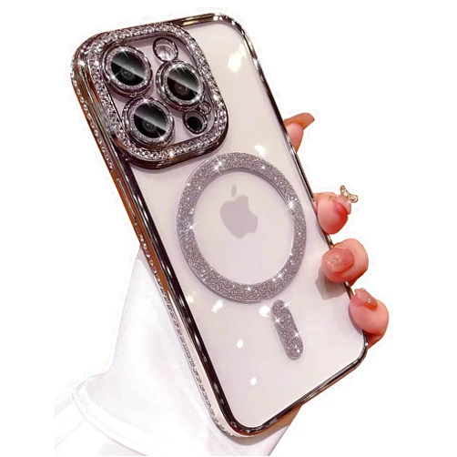 KERZZIL Elegent Girly Compatible with iPhone 14 Pro Max Magnetic Case,Luxury Trendy Plating Sparkle Bling Glitter Diamonds Back Cover with Camera Protector for Women (Silver, 14 Pro Max)