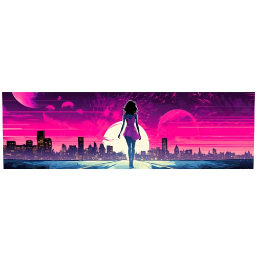 Electralypse Vaporwave Walk Into The Sunset Anime Bumper Sticker, Manga Girl Walking Away in Retro 80s 90s Pink Dress, Night time Cityscape Vinyl car Decal 10