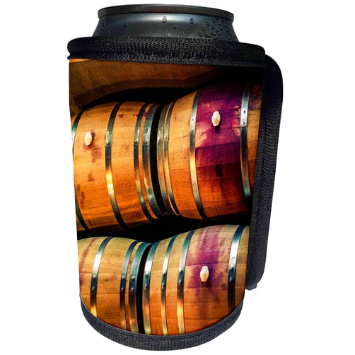 3dRose Can Cooler Bottle Wrap - Sunlight illuminates wine barrels in a Walla Walla, WA, winery. Winery