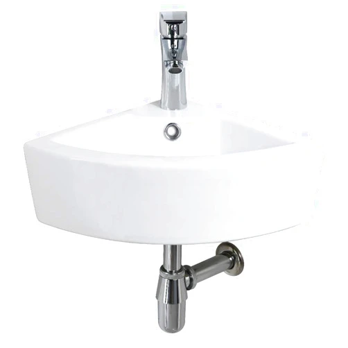 Bokaiya Wall Mount Small Corner Bathroom Sink and Faucet Combo with Overflow Triangle White Porcelain Ceramic Wall Hung Mini Vanity Space Bathroom sink, Faucet and Drain Combo