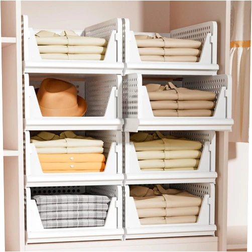 Proarea Stackable Plastic Storage Basket Closet Organizer Bin Foldable Clothes Organizer Storage Drawer Shelf Container for Living Room Bathroom Kitchen Office