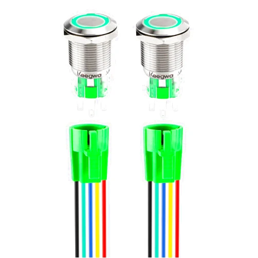 Keegwa (2 PCS) 19mm Latching Push Button Switch Silver Stainless Steel Metal with Ring LED Light with Wire Socket Plug Self-Locking 12V-24V 5A SPDT 1NO1NC (Green)