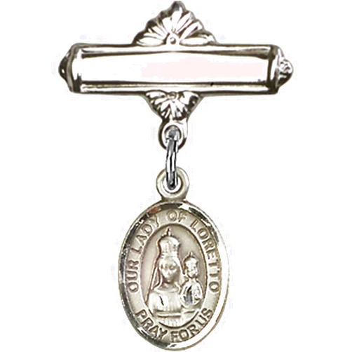 Bonyak Jewelry Saint Medal Collection Sterling Silver Baby Badge with Our Lady of Loretto Charm and Polished Badge Pin 1 X 5/8 inches