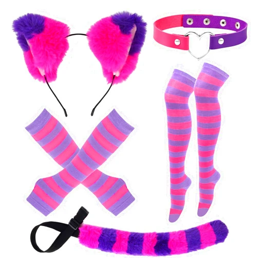 Matiniy Pink Purple Striped Cat Costume Include Cat Ears Furry Tail Striped Socks for Halloween Dress up (Kid)