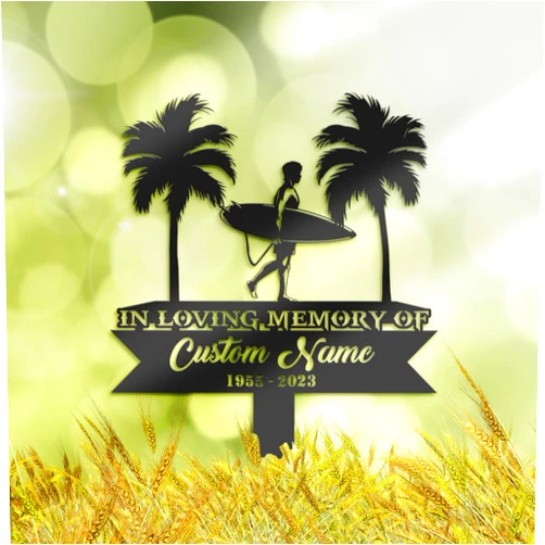 UNOETH Personalized Surfer Palm Tree Memorial Stake, Custom Metal Grave Marker, Outdoor Sympathy Sign, Remembrance Stake, Personalized Memorial Gift for Surfers