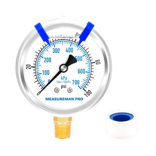 MEASUREMAN PRO 2.5'' Glycerin Filled Pressure Gauge, 0-100psi/kpa, 304 Stainless Steel Case, 1/4