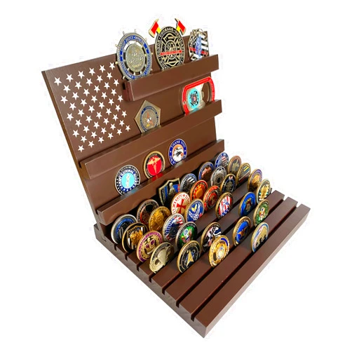 Samchilderlan Challenge Coin Display Stand Military Coin Holder, 10 Row 100% Solid Wooden Coin Shelf Coin Case, American Flag Challenge Coin Table Top Display Rack Holds 58 Coins