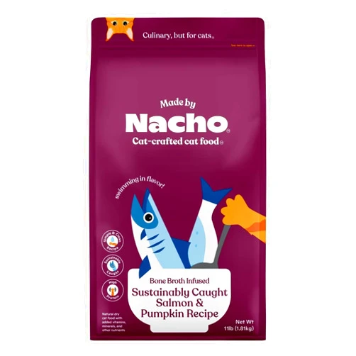 Made by Nacho Bone Broth Infused Dry Cat Kibble - Sustainably Caught Salmon and Pumpkin - Premium Grain-Friendly Cat Food 11b Bag, Limited Ingredients
