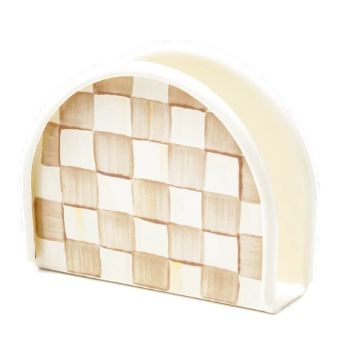 MACKENZIE-CHILDS Enamel Napkin Holder, Kitchen Napkin Holder for Table and Countertop, Brown-and-White Mocha Check