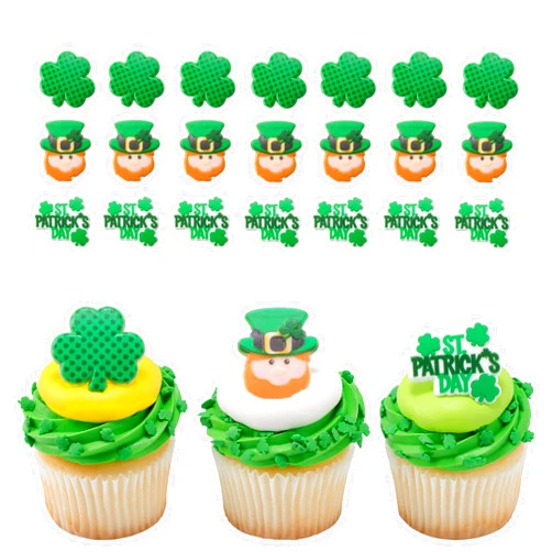 DecoPac St. Patrick's Day Rings, Cupcake Decorations, Cupcake Toppers Featuring Green Shamrock and Leprechauns, Food Safe Cake Topper – 24 Pack