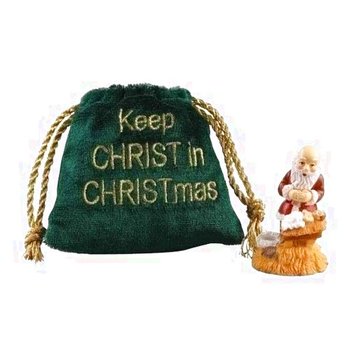 Roman Kneeling Santa with Baby Jesus in Manger Figurine with Velvet Pouch, 2 Inch