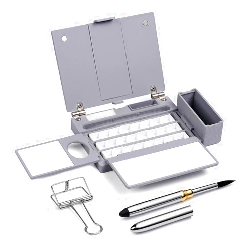Fuumuui Travel Watercolor Palette Box, All-in-One Portable Watercolor Kit with 24 Empty Removable Half-pan Grids, Travel Brush, Watercolor Cup and Clip - Plein Air Set for Right Hand Artists