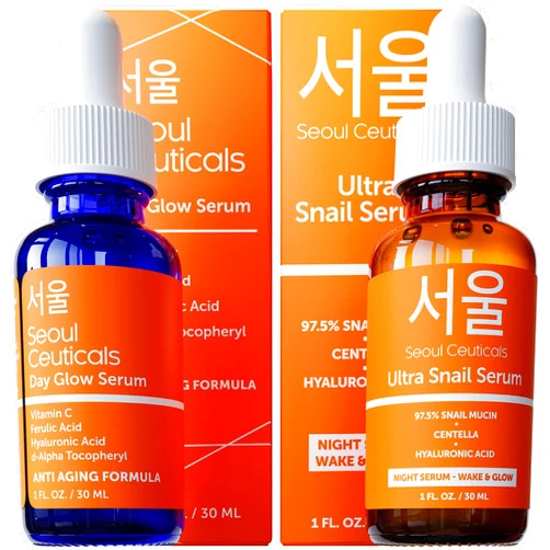 SeoulCeuticals Korean Skin Care Day & Night Serum Set - Potent Vitamin C Day Serum + Korean Snail Night Serum With Hyaluronic Acid + Centella + CE Ferulic for K Beauty Glow