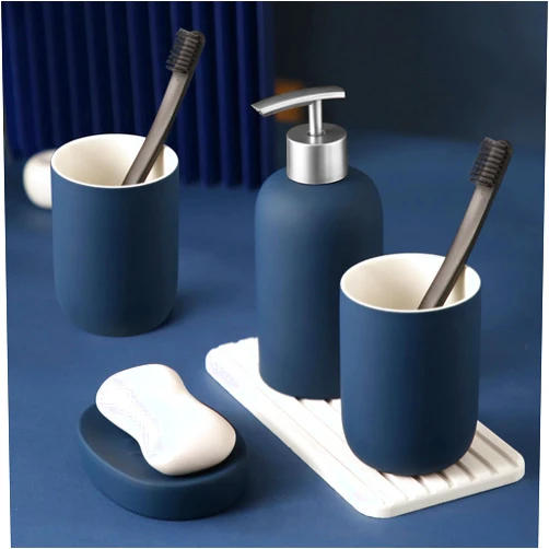 Hoomtaook Bathroom-Accessory Sets, 4 Pieces Ceramic, Including Soap Dispenser Pump, Tumbler, Soap Dish(Blue)