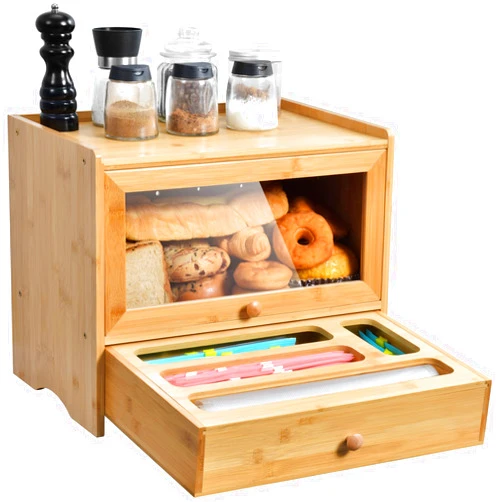 Beglero Bamboo Bread Box with Storage Bags Organizer, Corner Bread Box for Kitchen Countertop, Bread Box for Homemade Bread with Window, Bamboo Kitchen Zip Baggie Organizer for Drawer, Pantry Counter Corner