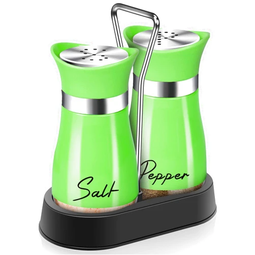 Arrozon Green Salt and Pepper Shakers Set with Holder,4 oz Modern Farmhouse Kitchen Decor and Accessories for Restaurant, Wedding, Housewarming Gifts Refillable Design (Green)