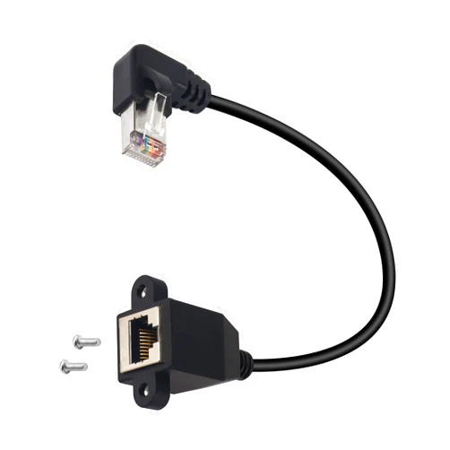 QIANRENON 90°Angle RJ50 10P10C Panel Mount Ethernet Extension Cable, 10P 10C Female to Right Angle Male Communication Extension Cable, Cat5E, Shielded, 30cm/11.8in (Left Bend)