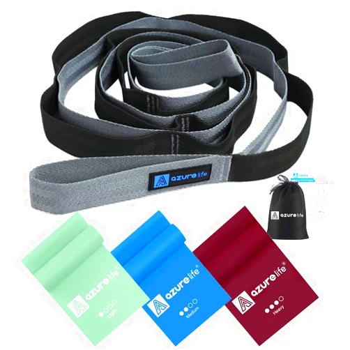 A AZURELIFE Flat Resistance Band Set (3 Pieces Total) Exercise Bands and Premium Durable Cotton Stretch Strap with Loops