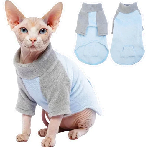 T'CHAQUE Sphynx Cat Clothes, Soft Fleece Winter Sweaters for Hairless Cats, Warm Pajama Jumpsuit with Sleeves and Hoodie, Cozy Pullover Outfit for Kittens