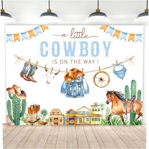 Imirell Cowboy Baby Shower Backdrop 7Wx5H Feet Little Cowboys Boys Wild West Theme Western Vintage Rodeo Ranch Cow Polyester Fabric Cute Photography Backgrounds Photo Shoot Decor Props Decoration