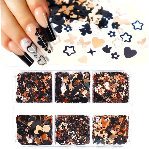 RIICFDD Easter Nail Art Glitter Sequins, 6 Grids 3D Holographic Bunny Nail Art Flakes Black and Gold Star Butterfly Heart Nails Art Decals Confetti for Acrylic Nails Decorations Accessories Supplies
