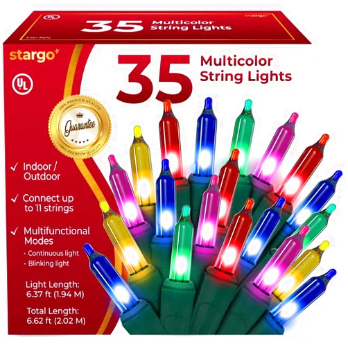 Stargo Warm Multi Color Christmas Lights - 6.3 ft String of 35 Incandescent Mini Bulbs Multifunctional Lighting Modes, for Decorative, Bedroom, Outdoor, Xmas Twinkle Tree Lights with Green Wire Total 6.6 ft