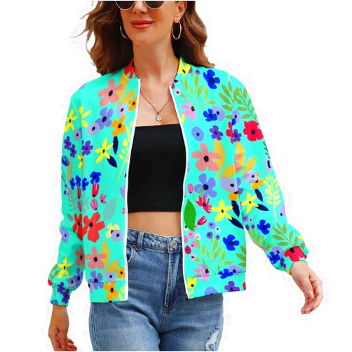 Vciufand Womens' Colorful Floral Long-sleeve Zip-up Flight Autumn Jacket Colorful Outfit Coats