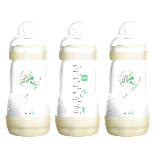 MAM Easy Start Anti-Colic Bottle 9 oz (3-Count), Baby Essentials, Medium Flow Bottles with Silicone Nipple, Baby Bottles for Baby Boy or Girl, Gray