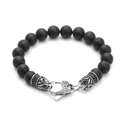 Starmond Black Beaded Bracelets for Men - 10mm Black Onyx Bracelet with Stainless Steel Clasp Dragon Design - Handmade Crystal Bracelets for Men