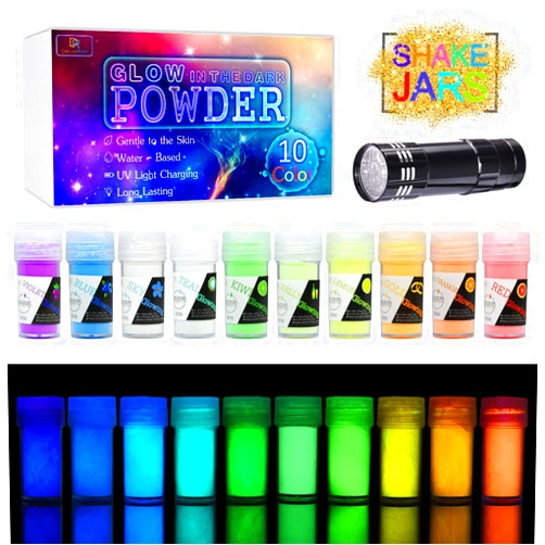 DecorRom 10 Color Glow In The Dark Pigment Powder with UV Lamp - Epoxy Resin Luminous Powder for Slime Kit,Skin Safe Long Lasting Self Glowing Dye for DIY Nail Art,Acrylic Paint,Fine Art, 0.7oz Each(Total 7oz)