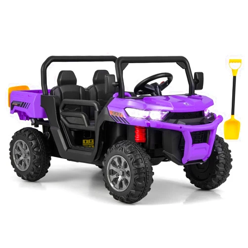 OLAKIDS 2 Seater Ride On Car, 12V Off-Road UTV Electric Vehicle with Remote Control, Dump Bed, Extra Shovel, Music, USB, AUX, Rocking Function, Kids Toddlers Battery Powered Truck (Violet)