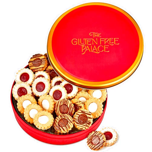 Gluten Free Palace Holiday Cookie Gift Basket – Gourmet Gluten Free Christmas Cookie Variety Gift - Assorted Shortbread Linzer Tart Cookies in Festive Tin for Adults, Friends & Family (21 Cookies)