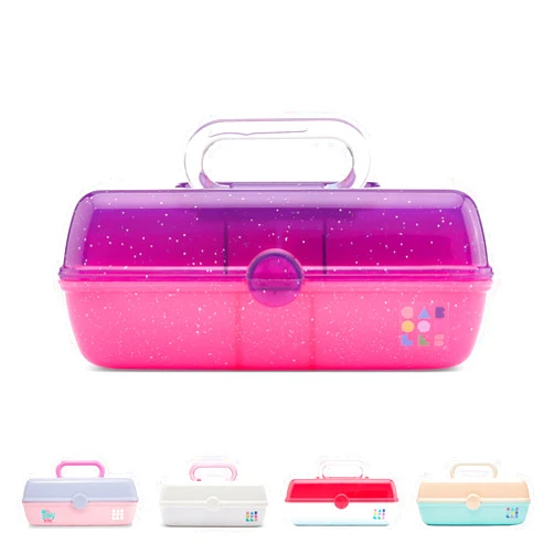 Caboodles Pretty in Petite Makeup Box, Two-Tone Purple Sparkle on Pink Sparkle, Hard Plastic Organizer Box, 2 Swivel Trays, Fashion Mirror, Secure Latch for Safe Travel