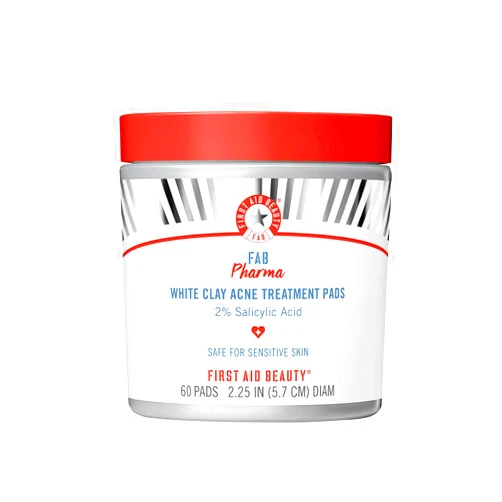 First Aid Beauty - FAB Pharma White Clay Acne Treatment Pads with 2% Salicylic Acid, Daily Compostable Exfoliating Pads for Breakouts, Whiteheads, Blackheads and Acne, Safe for Sensitive Skin, 60 Pads