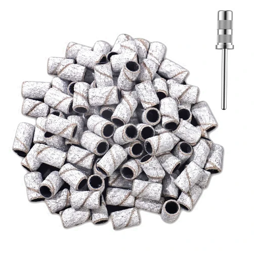 VORAGA 100pcs Sanding Bands for Nail Drill Nail File Sanding Bands Bits Rings for Acrylic Nails Manicure Sanding Pieces Replacement Grinding Polishing with Mandrel Drill Bit - #150 Grit