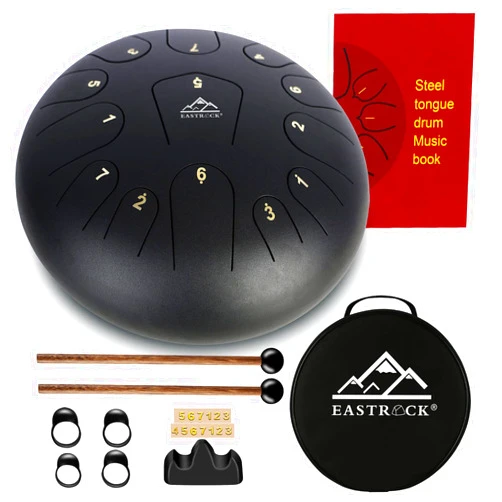 EASTROCK Steel Tongue Drum 13 Note 12 Inch Percussion Instrument Handpan Drum C Key for Meditation Entertainment Concert Yoga with Travel Bag, Mallets, Music Book (Black)