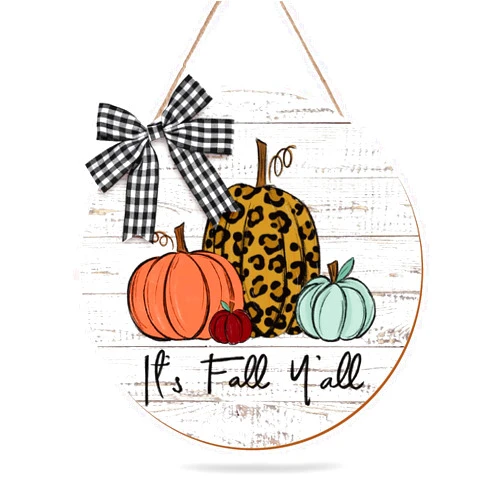 Whaline Fall Pumpkin Wooden Door Sign It's Fall Y'all Front Door Decor with Bow Thanksgiving Autumn Wood Door Hanger Rustic Farmhouse Hanging Sign for Autumn Harvest Holiday Home Office Window