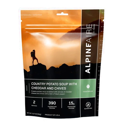 AlpineAire Foods Country Potato Soup with Cheddar and Chives 3.17 Oz Vegetarian, Gluten-Free, Creamy Soup with 2 Servings, 390 Calories & 15g Protein for Camping & Emergency Preparedness Pack of 1