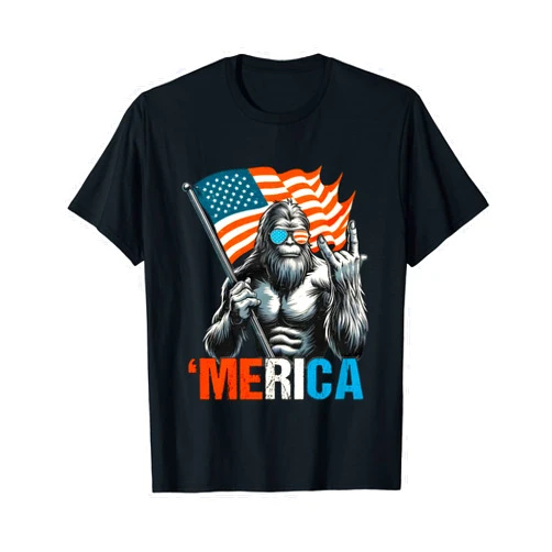 Bigfoot 4th of July Tee Gifts Bigfoot Merica Rock American Flag Patriotic 4th Of July T-Shirt
