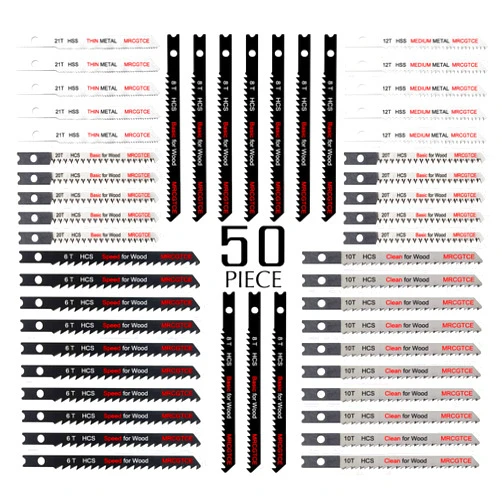MRCGTCE 50PCS U-Shank Jigsaw Blades Set with Storage Case, Contractor Assorted HCS/HSS Jig Saw Blades for Wood, Plastic and Metal Cutting, 6T 8T 10T 12T 20T 21T
