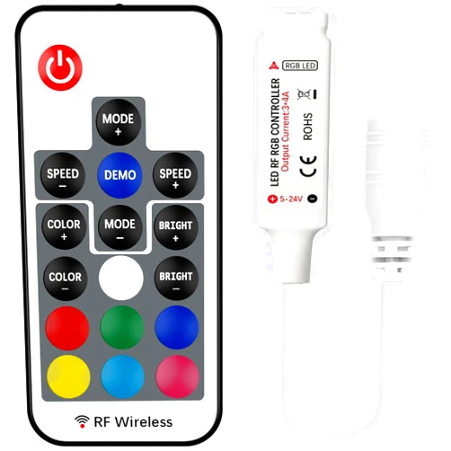 VIPMOON RF Wireless Remote Led Controller Dimmer 17-Key DC 5V/12V/24V 12A RGB LED Controller for 5050 3528 5630 LED Strip Lights Mini 4-Pin Light Controller