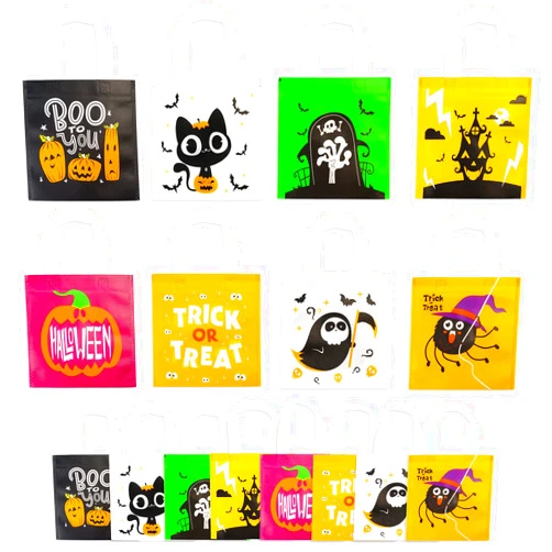 DERAYEE 24 Packs Halloween Non-Woven Bags, Reusable Trick or Treat Gift Bags, Candy Tote Bags with Handles for Kids Halloween Party Favor Supply, 7.9×7.9 Inches (8 Design)